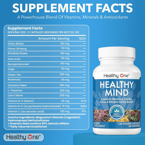 Healthy Mind - Safe for Teens - Brain Fog - Cognitive Function - Concentration - Focus - Neural Optimization - Mood - Ginkgo Biloba - Ginseng - Rh...