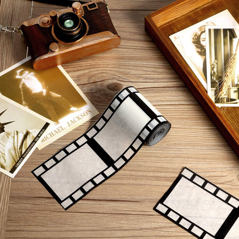 Gejoy 2 Rolls Filmstrip Tape Movie Party Decorations Filmstrip Poly Streamers Movie Reel Decor White and Black Material Film Border Roll for Cinem...