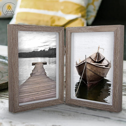 AEVETE 5x7 Double Picture Frames Hinged Wood Folding Picture Frames Vertically Display, Real Glass Front, Gray...