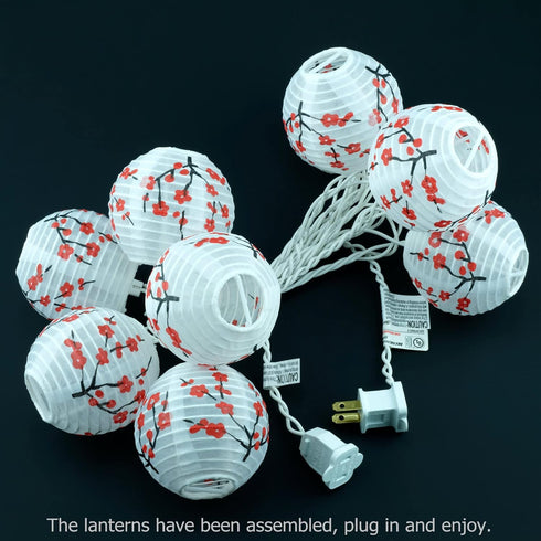 YULETIME Plum Blossom Lantern String Lights, 10 Count Nylon Lantern on 7.6' White Wire, UL Listed 8" Spacing End-to-end Connectable Plug-in String...