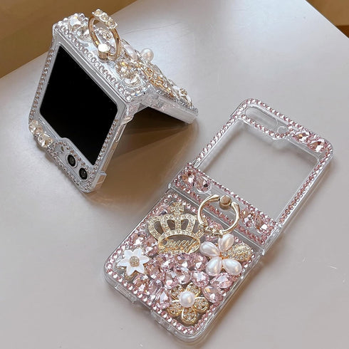 Samsung Galaxy Z Flip 5 Glitter Case with Hinge Protection Ring Holder,Cute Luxury 3D Crown Crystal Rhinestone Diamond Gems Bling Sparkle Shiny Wo...
