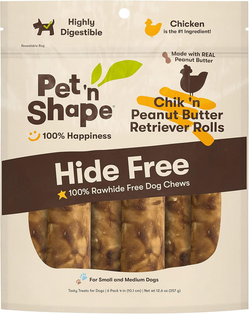 Pet 'n Shape Hide Free Chik 'n & Peanut Butter 4" Retriever Rolls, 6 Count 12.6 oz - Rawhide Free Dog Treats - No Hide Alternative Chew Treat for ...