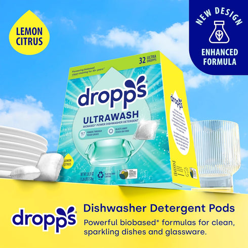 Dropps UltraWash Dishwasher Pods, Lemon Citrus (32 Count) - Biobased Power Deep Clean Dishwasher Detergent Tablets for Sparkling Shiny Dishes - No...