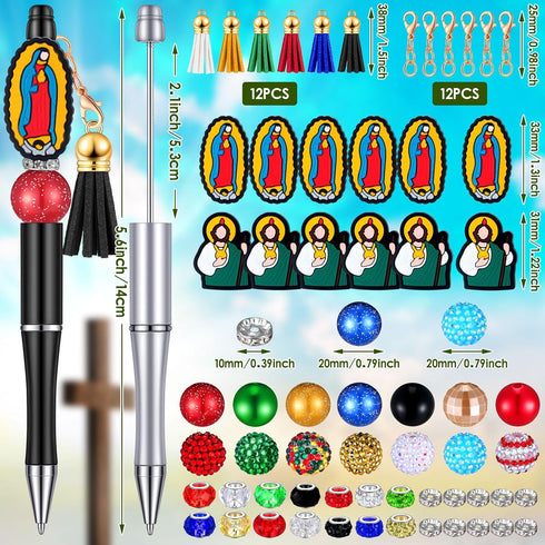 Colarr 12 Sets Christmas Beadable Pens Bulk Halloween Bead Pens with Colorful Beads Tassels Clasps and Beaded Pens DIY Pens Making Kit for Women K...