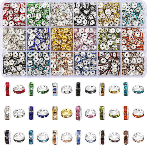 QUEFE 1170Pcs Rhinestone Spacer Beads for Jewelry Making, Rondelle Crystal 8mm Bead for Necklaces, Focal Beads for Pen, Bracelet Pendants (18 Colo...