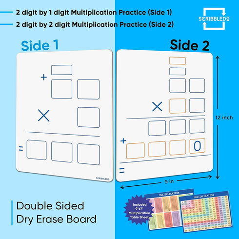 SCRIBBLEDO Dry Erase Long Multiplication Board 9"x12" Double Sided Practice Whiteboard with 2x1 & 2x2 Digit Multiplication for Home, School, Class...