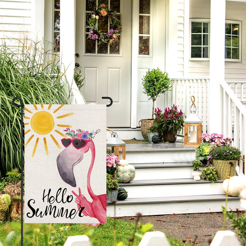 Hello Summer Flamingo Small Garden Flag Burlap Vertical Double Sided 12x18 Inch, Farmhouse Holiday Floral Beach Yard Outdoor Decor DF490...