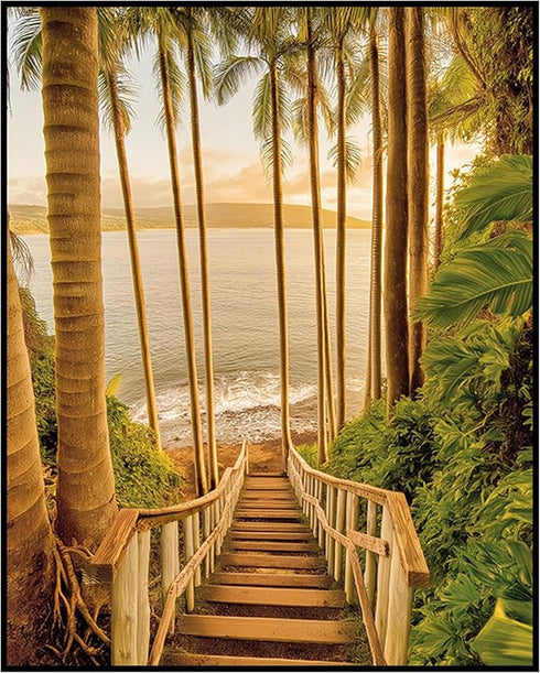 Posterizer 1 pcs-serene coastal scene with tall palm trees and stairway 3-Landscape & Nature Art-Coastal & Nautical Art-Decor for Home & Office- u...