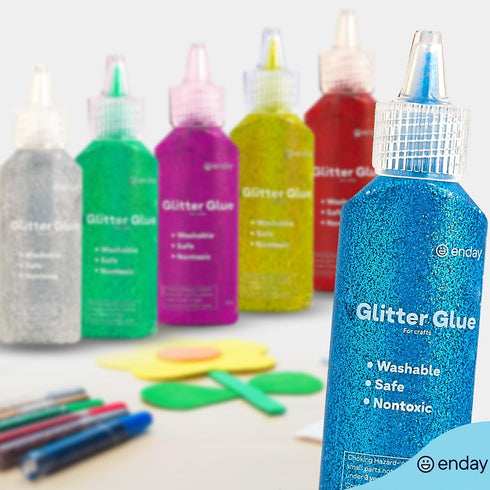 Glitter Glue for Crafts in Bright Classic Colors: Silver, Red, Green, Blue, Purple & Gold Glitter Glue Washable & Non-Toxic Used for Gluing, Drawi...