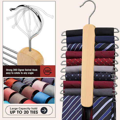 Tie Hanger, Rust Resistant Wooden Necktie Organizer with 20 Swivel Hooks, 360 Degree Rotation, Space Saving, Ideal for Closet Storage...