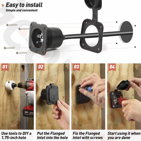 GeepKey 15 Amp Flanged Inlet 125V with Integrated 18" Extension Cord, NEMA 5-15 RV Plugs Receptacle with Waterproof Cover, Straight Blade/ETL Appr...