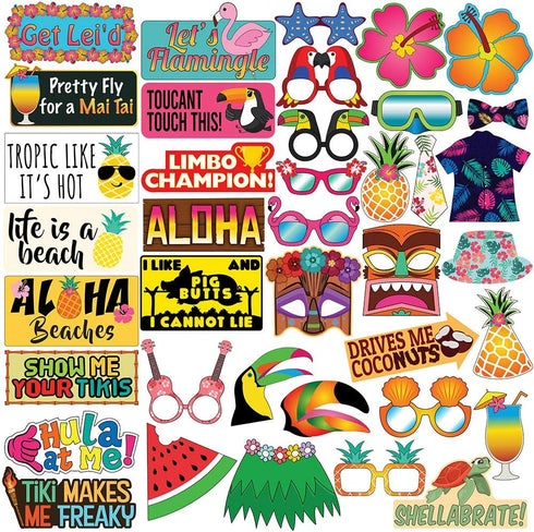 Luau Party Photo Prop Set - 40 pcs - Hawaii - Aloha -Tropical - Tiki - Summer Themed Beach and Pool Party Decoration, Favors & Supplies...