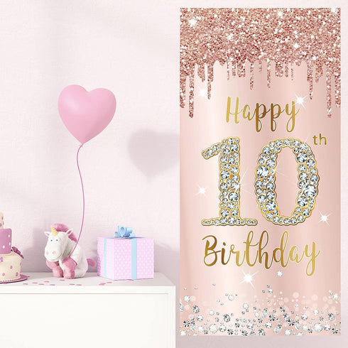 Happy 10th Birthday Door Banner Backdrop Decorations, Pink Rose Gold 10 Year Old Birthday Party Door Cover Sign Supplies, Large Ten Birthday Poste...