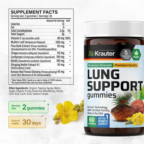 BIO KRAUTER Lung Detox Gummies - 60 Vegan Chews - Lung Cleanse Supplement w/Vitamin C & Mullein Leaf Blend - Respiratory Support...