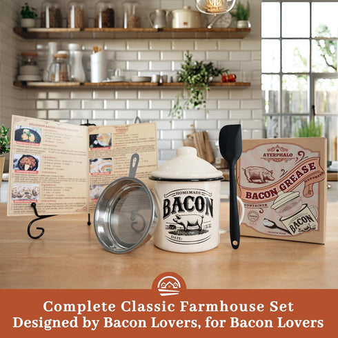 Bacon Grease Container with Strainer - With Food-Grade Silicone Spatula, 24oz Enamel Rustic Farmhouse Fat Container, Keeper, Recipes, Dishwasher S...