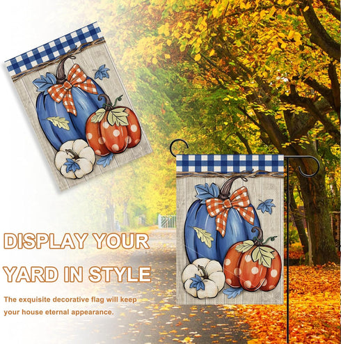 Fall Blue White Pumpkin Decorative Garden Flag, Autumn Plaid Check Farmhouse Yard Outside Decorations, Thanksgiving Rustic Burlap Outdoor Small Ho...
