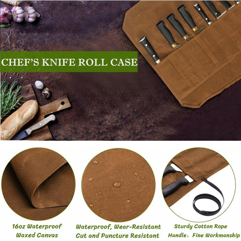 Waxed Canvas Knife Roll Bag,Portable Knife Cultery Carrier,Professional Chef Knife Case,Waterproof Knife Roll Storage Bag with 8 Slots,Holds 8 inc...