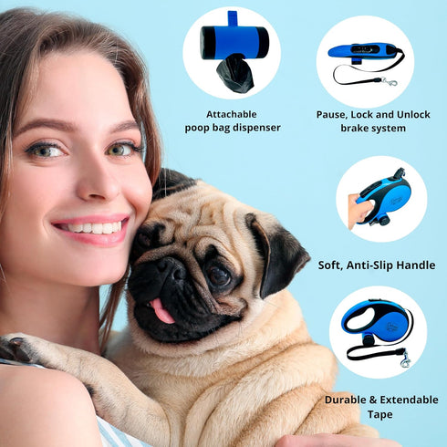 Dog Leash - Retractable Leash for Pets, Puppies, Small and Medium Breeds. Tangle Free 16FT Extendable Leash for Dogs with Removable Poop Bag Dispe...