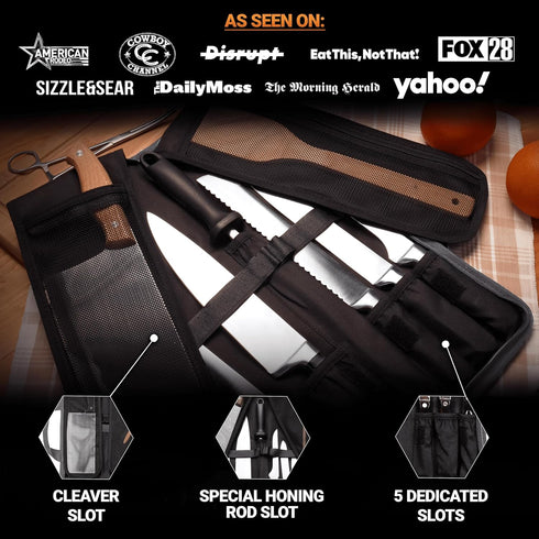 Chef Knife Roll Bag Travel Case | 8 Pockets for Knives & Tools | 2 Flaps with Cleaver & Mesh Pocket | Honing Rod Slot | Chef Knife Case for Profes...
