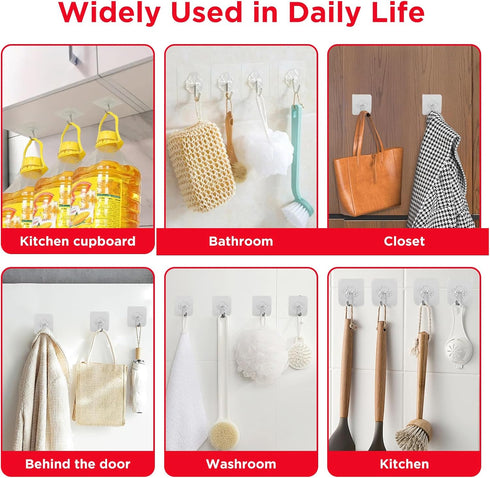 Vsezund 10 Pack Wall Hooks for Hanging 33lb(Max) Heavy Duty Self Adhesive Hooks Transparent Waterproof Sticky Hooks for Keys Bathroom Shower Outdo...