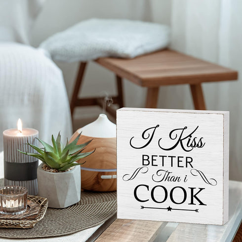 5 x 5" I Kiss Better Than I Cook White Wood Block Plaque Box Signs, fit Kitchen Cooking Wood Box Sign, Home Living Room Trestle Table Decoration -...