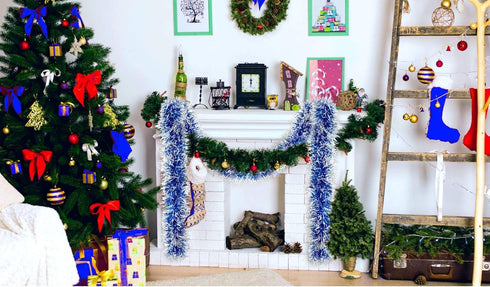 Christmas Tree Royal Blue Frost Tip Tinsel Garland Blue Silver Metallic Streamers Celebrate a Holiday Hanukkah Party Ceiling Hanging Decorations I...