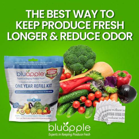 Bluapple Produce Saver Ethylene Gas Absorber 1 Year Refill Kit with Activated Carbon - 8 Packets (9 Grams Classic + 4 Grams of Carbon Each) - Keep...