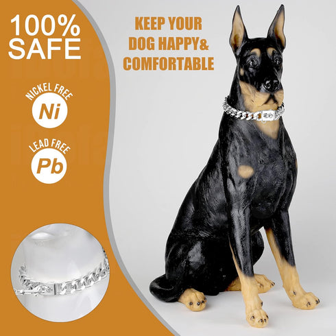Dog Chain Collars Cuban Link Dog Collar 12mm with Dog tag Buckle Silver Cuban Link Collar Stainless Steel Dog Chain Collars for Puppy Small Medium...