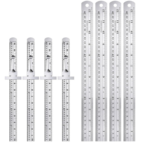 TOODOO 8 Pcs Pocket Ruler 6 Inch and 12 Inch Metal Rulers with Inch and Metric Graduation Stainless Steel Precision Ruler Measuring Tool for Engin...