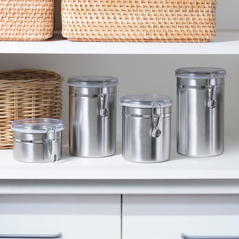 OGGI Stainless Steel Kitchen Canister 26 fl oz - Airtight Clamp Lid, Clear See-Thru Top - Ideal for Kitchen Storage, Food Storage, Pantry Storage....