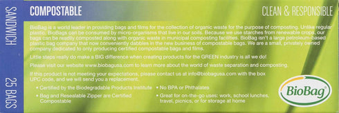 BioBag 100% Certified Compostable Resealable Sandwich Bags, 25 Count, Perfect for Lunches, Snacks, and On The Go Green...
