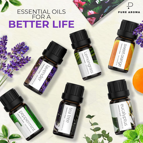 Essential Oils Set by Pure Aroma - Top 6 Aromatherapy Oils Gift Set-6 Pack, 10ml (Eucalyptus, Lavender, Lemongrass, Sweet Orange, Peppermint, Tea ...