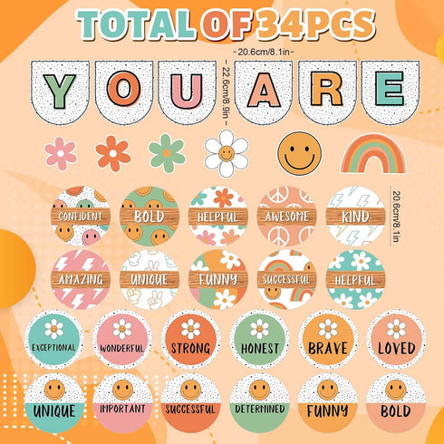 Boho Groovy Affirmation Station Bulletin Board Set Retro Motivational Inspirational Paper Cutouts with Glue Points Positive Bulletin Board Decor f...