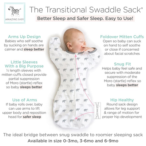 Amazing Baby Transitional Swaddle Sack with Arms Up Half-Length Sleeves and Mitten Cuffs, Medium, 3-6 months, 14-21 lbs, Tiny Elephants, Sterling ...