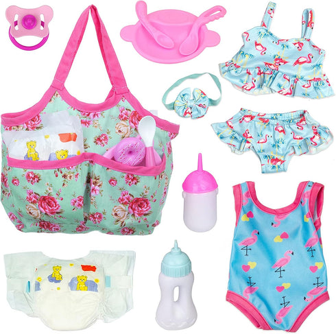 UNICORN ELEMENT 8 Pcs Baby Doll Clothes and Accessories, Baby Doll Feeding and Caring Set with Baby Doll Diaper Bag, Clothes, Diapers, Bottles, Pa...