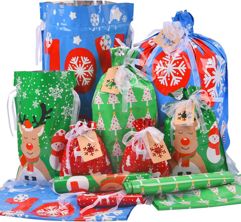 Christmas Gift Bags Assorted Sizes, 22pcs Drawstrings Christmas Bags For Gifts, Presents Wrapping Bags Favor Goody Bags Reusable Plastic Xmas Holi...