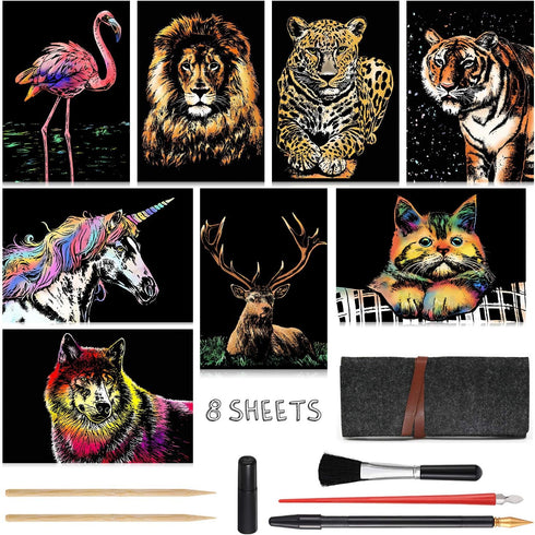 Scratch Art for Kids & Adults, Rainbow Painting Night View Scratchboard(A4), Crafts Set: 8 Sheets Scratch Cards with 6 tools in Bag - Unicorn/Flam...