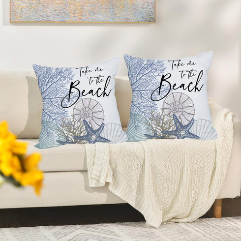 2 Pack Waterproof Take Me to The Beach Summer Pillow Covers 18x18 Inch Blue Ocean Sea Shell Coral Conch Starfish Throw Pillow Covers Outdoor Coast...