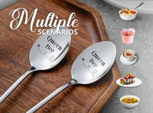 INNObeta Bee Gifts for Women, Engraved Ice Cream Spoons, 2 Pcs Stainless Steel Coffee Spoon, Queen Bee...