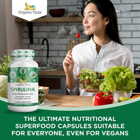 Organic Veda - Spirulina Capsules, Made with Blue Green Algae, Natural Spirulina Green Superfood Capsules, Supports Immune System, 120 Veggie Caps...
