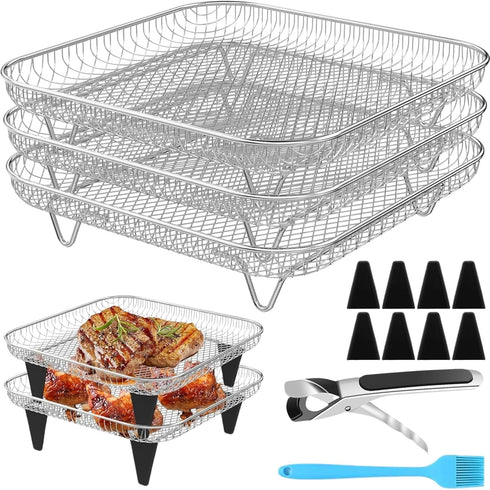 Air Fryer Accessories with 8pcs Foot Cover - 8" Square 3 Stackable Dehydrator Racks Fits 5.8 QT Air Fryer Racks for Cosori, Instant Vortex, Nuwave...