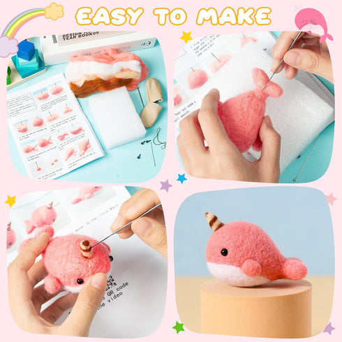 WATINC Set of 4 Cute Animal Needle Felting Starter Kit Frog Chick Bee Narwhal Animal Doll Wool Felting Tools Felt Needles Foam Mat DIY Needlework ...
