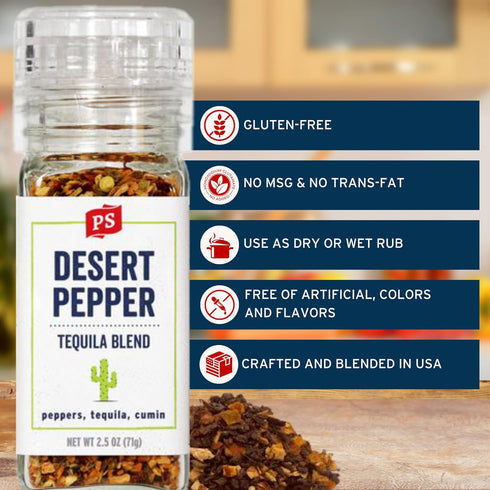 PS Seasoning Desert Pepper- Tequila Blend Seasoning Grinder for Chicken, Pork, Shrimp & Rice, Essential Blend Seasoning with Peppers, Tequila, and...