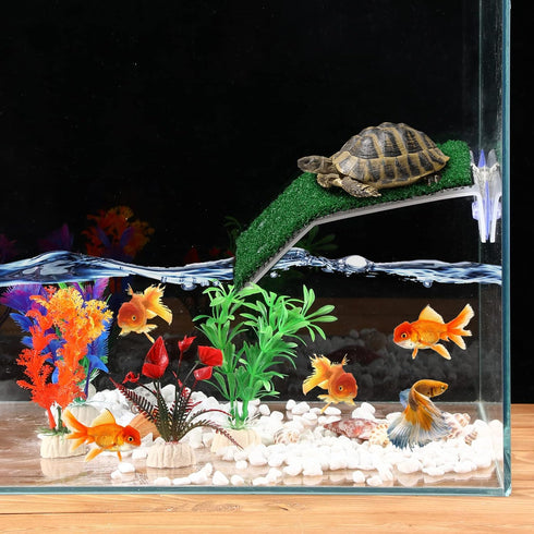 2 Pcs Turtle Basking Platform Ramp Medium Tortoise Terrace Resting Ladder Simulation Lawn and 6 Pcs Artificial Plastic Aquarium Plants Turtle Tank...