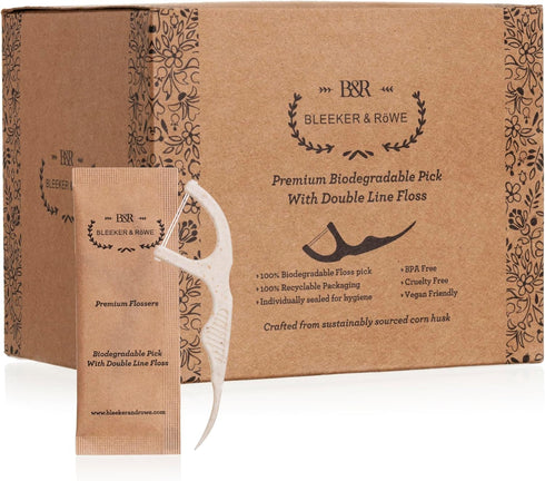 Bleeker and Rowe Plant Based Biodegradable Floss Picks (Double Line Floss)...