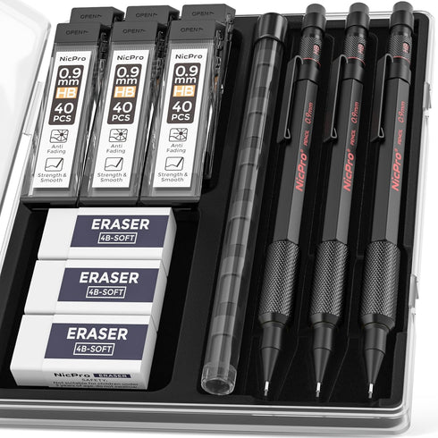 Nicpro 0.9 Metal Mechanical Pencil Set with Case, 3PCS Hevey Duty MP2000 Lead Pencil With 6 Tube HB Lead Refills 0.9mm, Erasers, Weatherproof Barr...