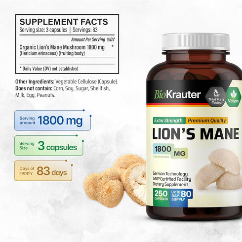 Lions Mane Supplement Capsules - Vegan, Organic Lion’s Mane Mushroom Supplement for Cognitive Function, Focus Support - Lions Mane Pills - 3 Month...