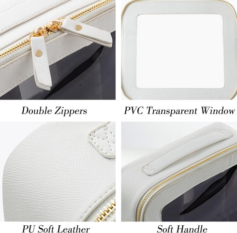 HBselect Clear Makeup Bag Travel Toiletry Bag with Double Zippers Makeup Organizer with Adjustable Dividers PU Leather Makeup Bags Waterproof Cosm...