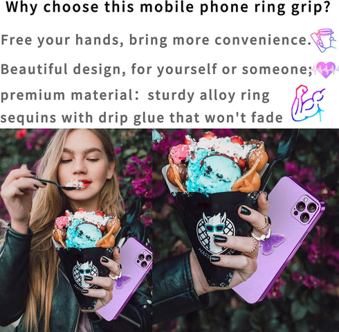 Bling Glitter Phone Grip, Butterfly Cell Phone Ring Holder Stand Purple for Women Girls, Compatible with Smartphone, Tablet, E-Reader, Etc (Butter...