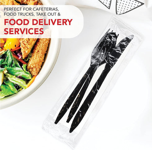 Party Essentials Individually Wrapped Plastic Cutlery Packets/Silverware Kits, Black Fork/Spoon/Knife/Napkin, 50 Sets...